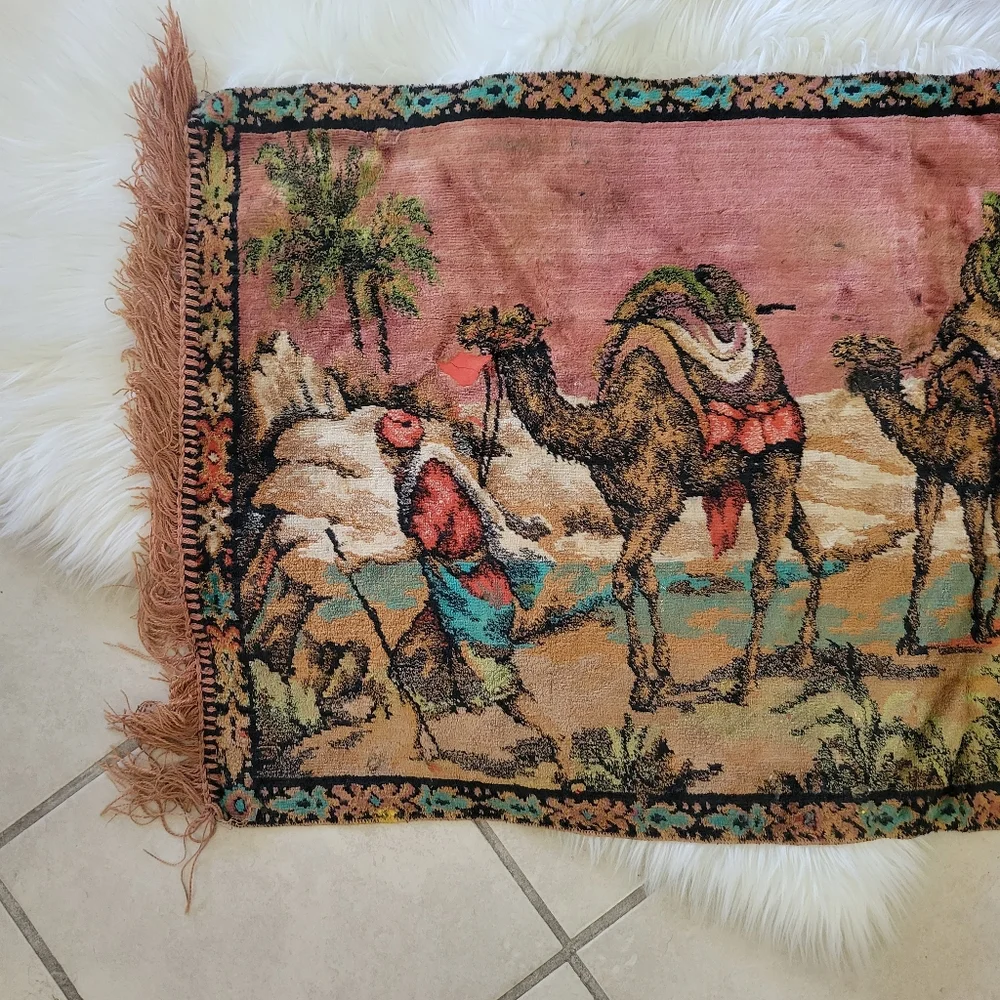 Vintage Tapestry with Camels and Desert Scene